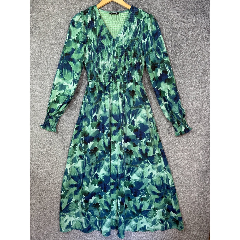 BTFBM Dress Green Blue Abstract Floral Smocked Midi Long Sleeve V-Neck Small